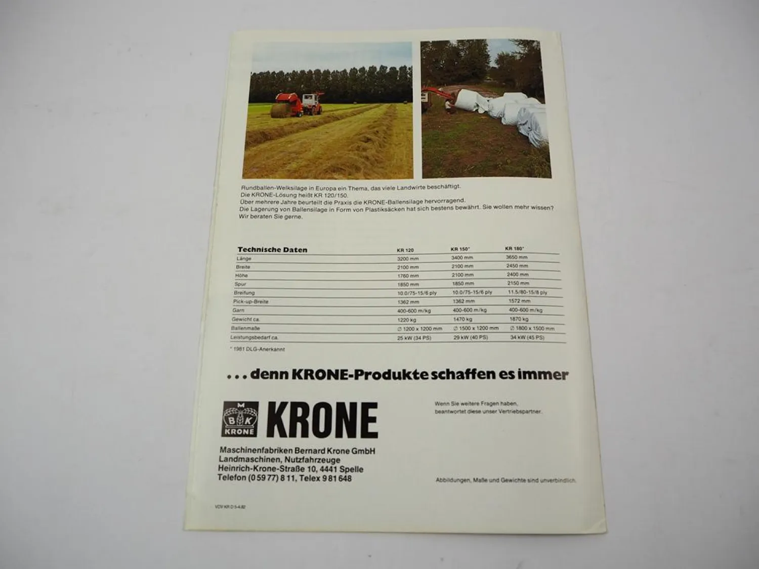 Original Prospekt Krone KR 120 150 180 Rundballenpresse 1982