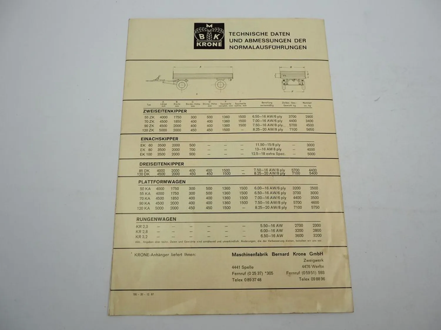 Original Prospekt Krone ZK EK DK KA KR Anhänger Kipper 1967 mit techn. Daten