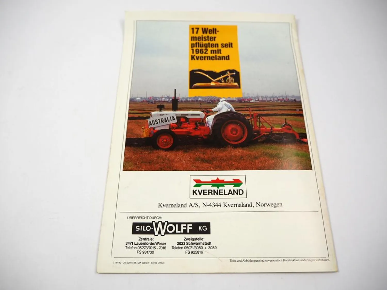 Original Prospekt Kverneland Produktprogramm Pflüge 1986