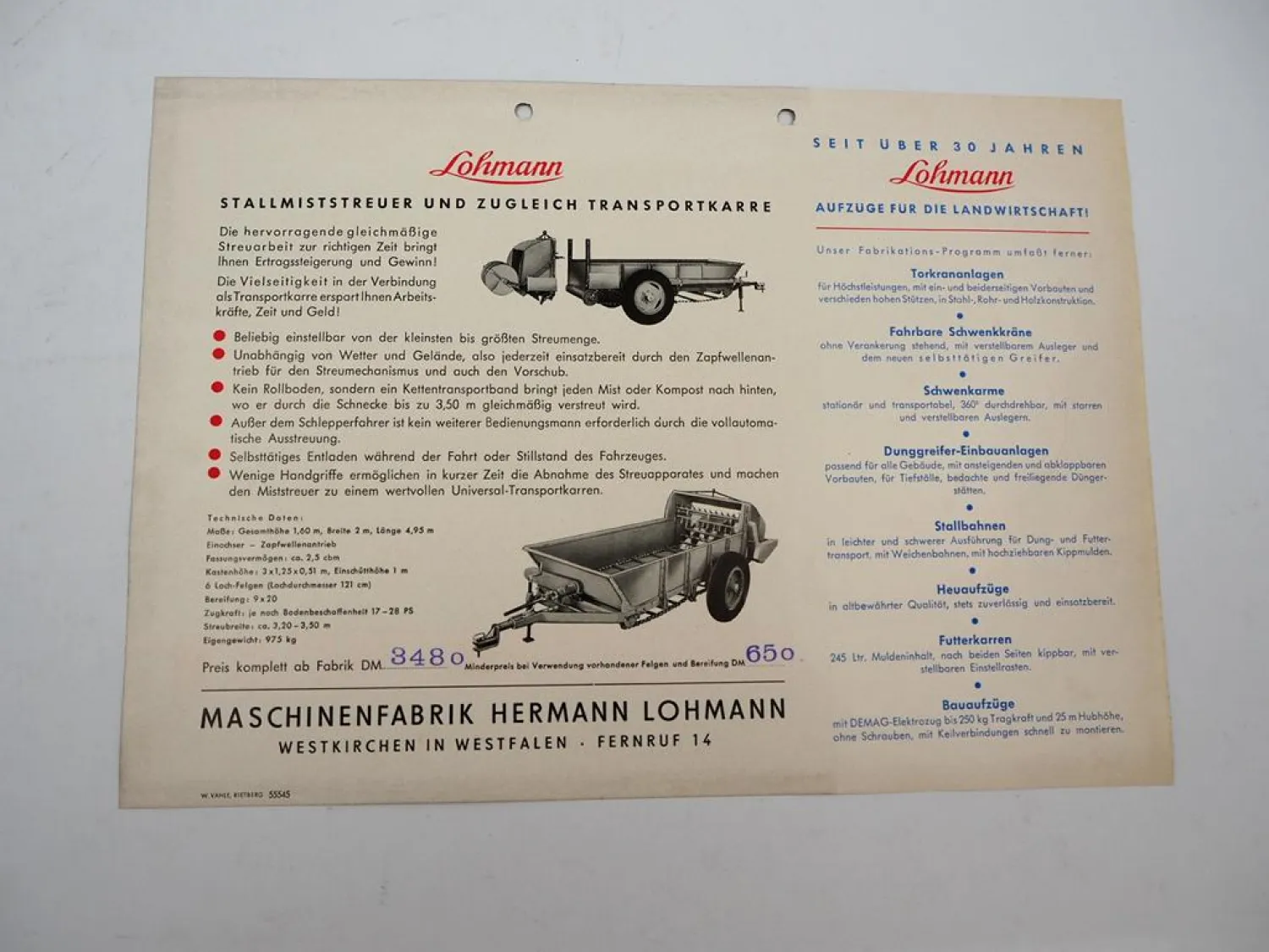 Original Prospekt Lohmann Stallmiststreuer 1955 mit technischen Daten