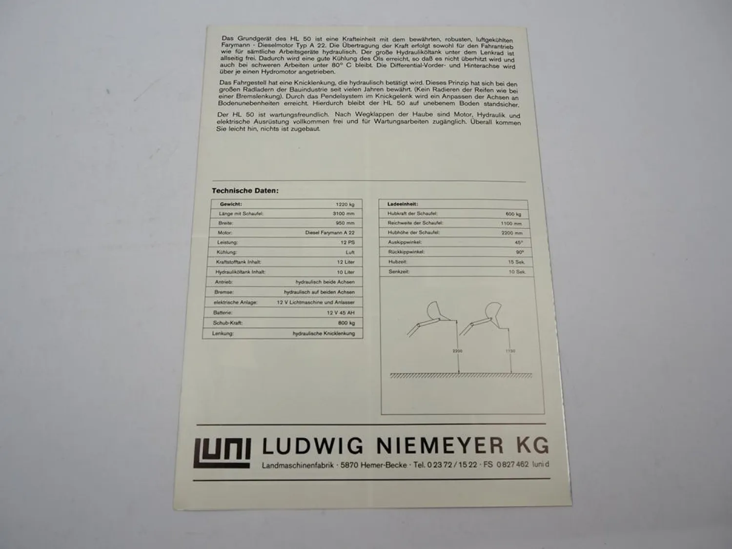 Original Prospekt LUNI Ludwig Niemeyer HL50 Hoflader ca. 1970er Jahre