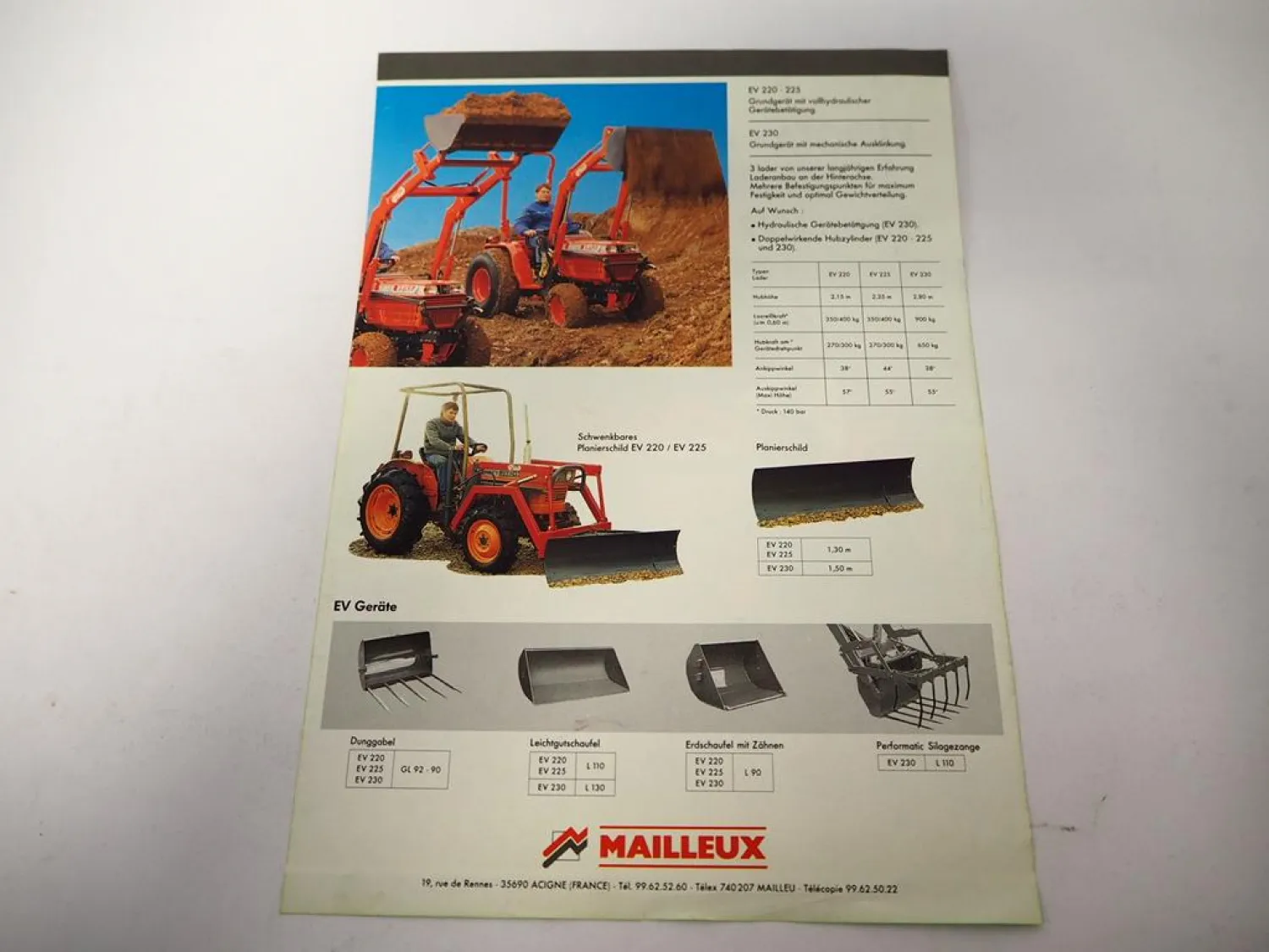 Original Prospekt Mailleux Frontlader EV 220 225 230 am Kubota Schlepper