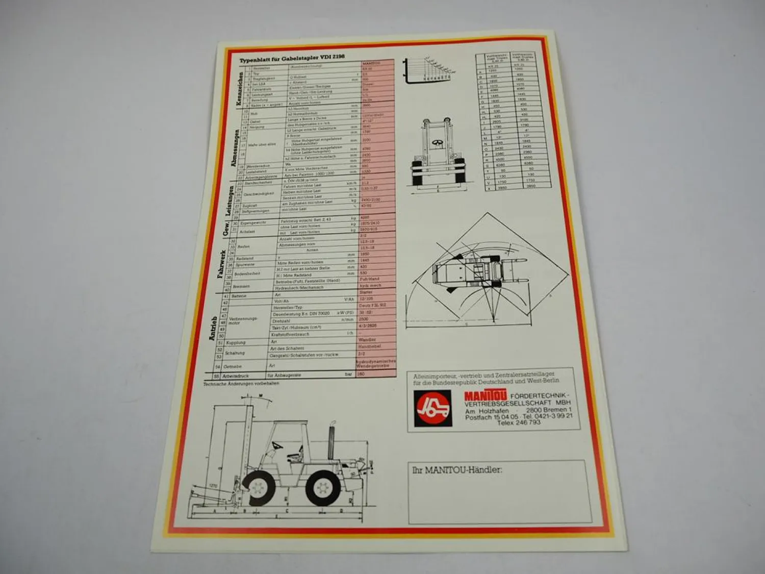 Original Prospekt Manitou KR 25 Gabelstapler Allrad mit 4 Seiten von 1984