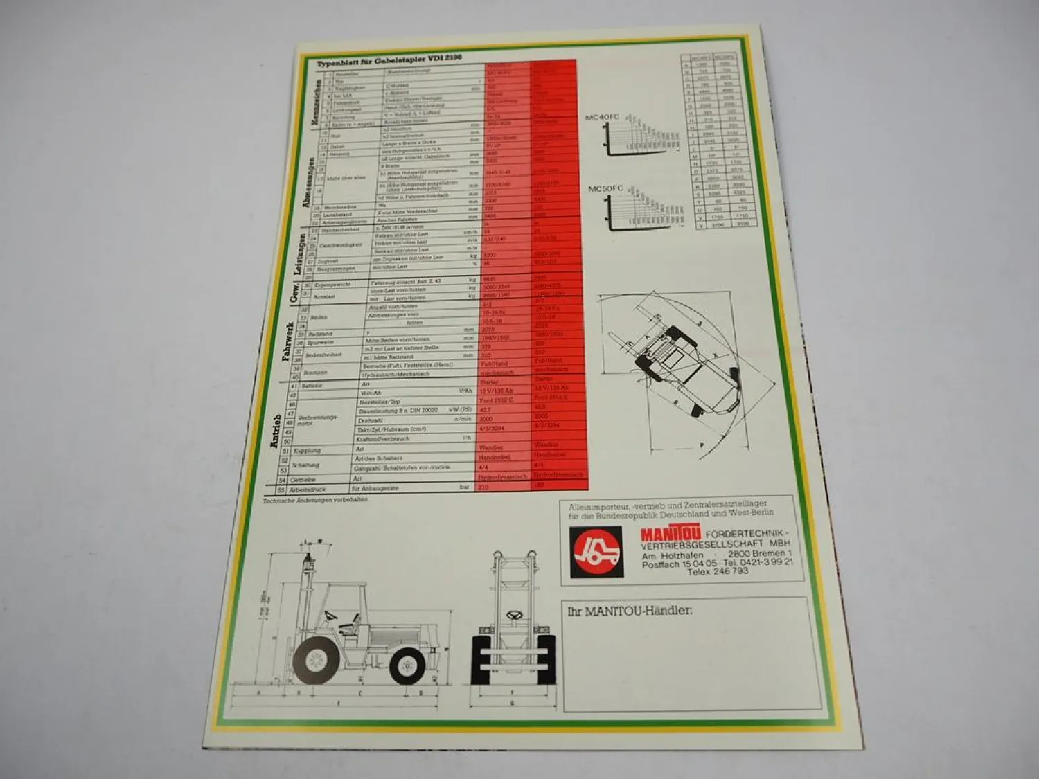 Original Prospekt Manitou MC 40 50 FC Gabelstapler mit 4 Seiten von 1984