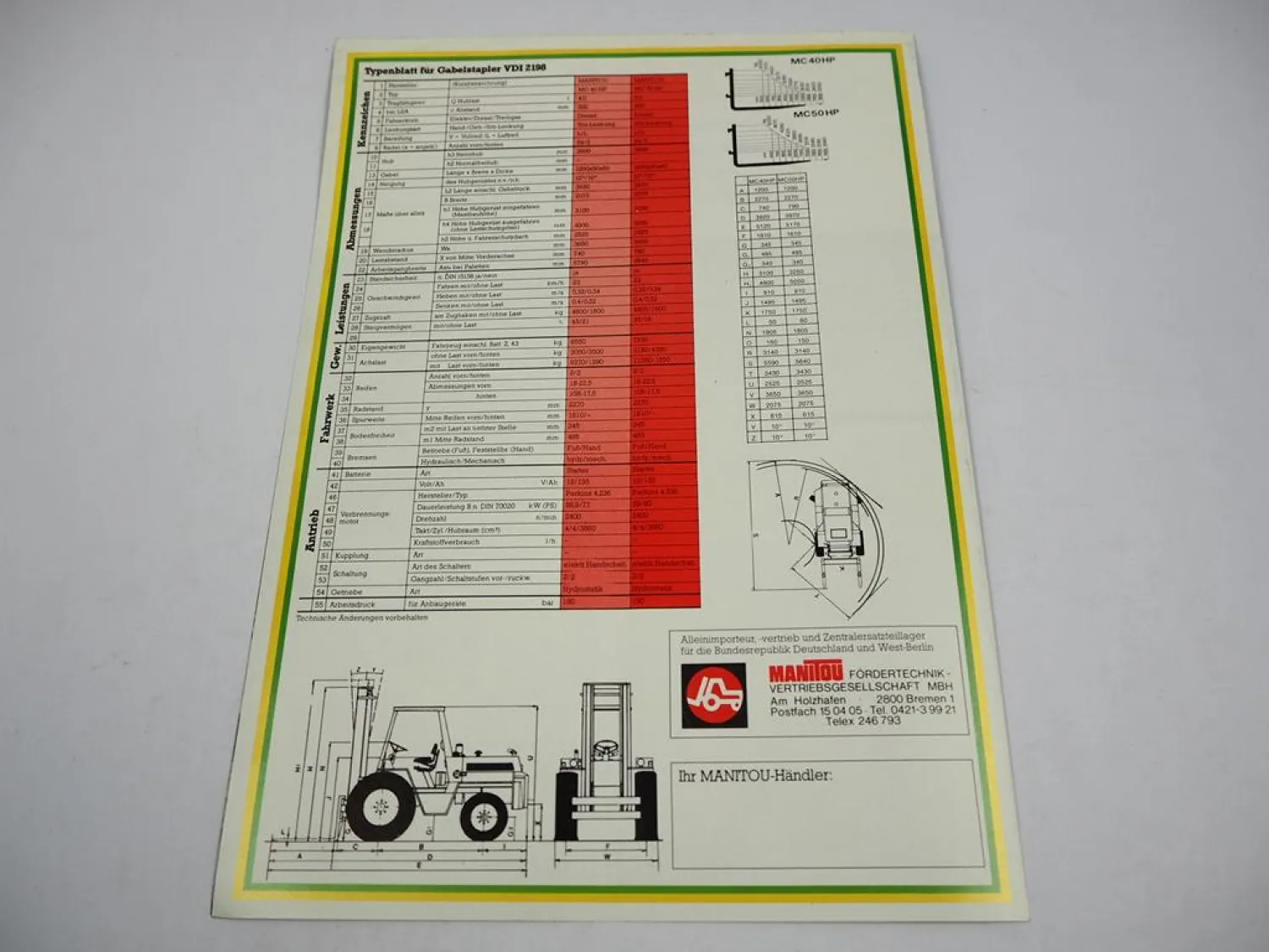 Original Prospekt Manitou MC 40 50 HP Gabelstapler mit 4 Seiten von 1984