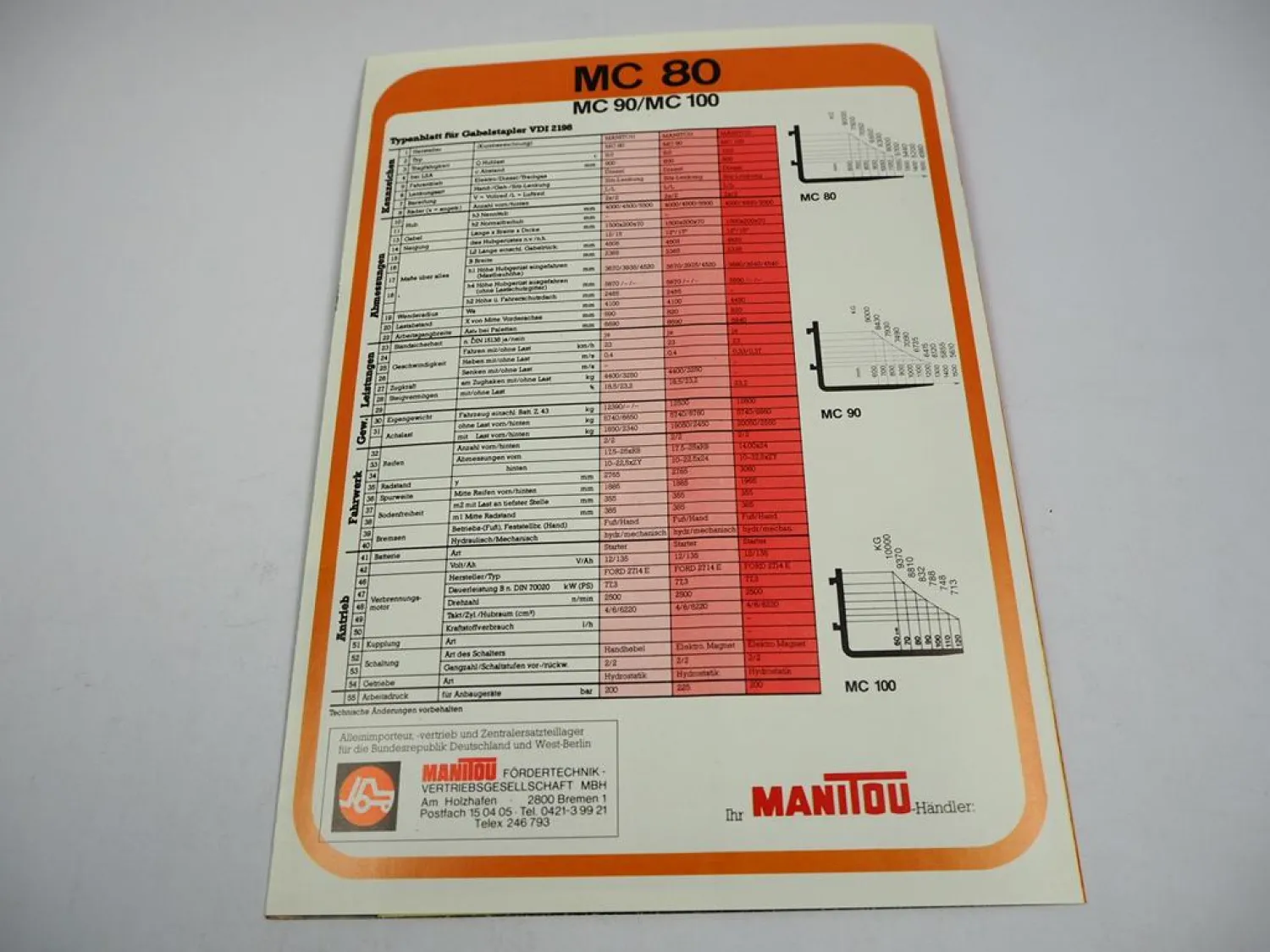Original Prospekt Manitou MC 80 90 100 Gabelstapler mit 6 Seiten von 1984