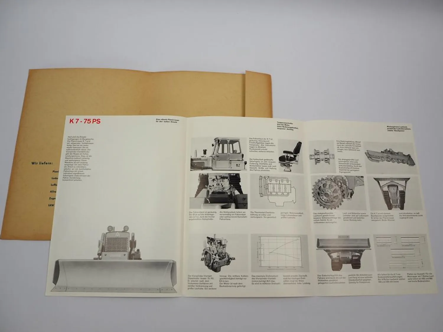Original Prospekt Mappe Hanomag K7 Laderaupe 75 PS 1965 mit technischen Daten
