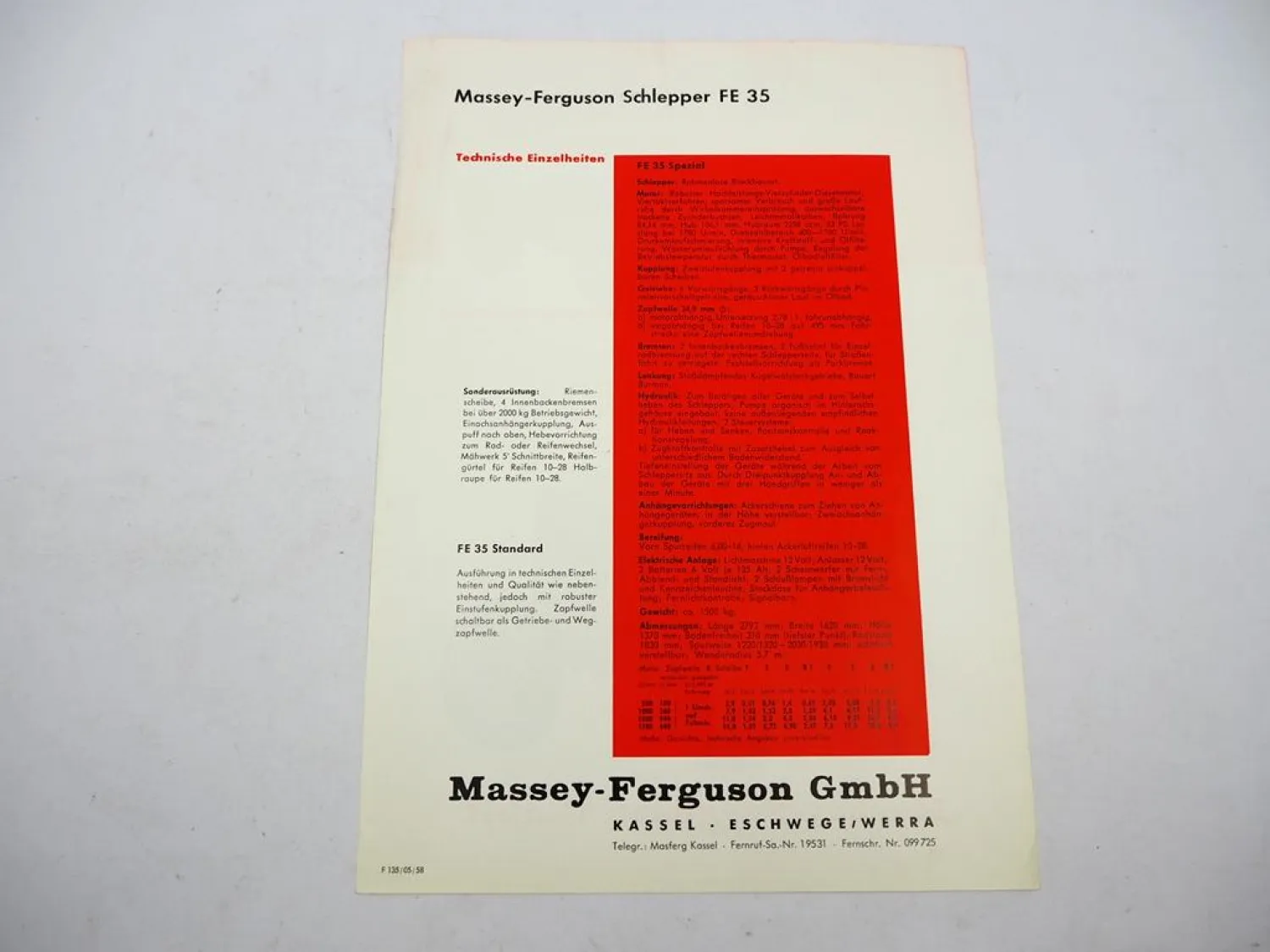 Original Prospekt Massey Ferguson FE35 Diesel Schlepper 1958 mit techn. Daten