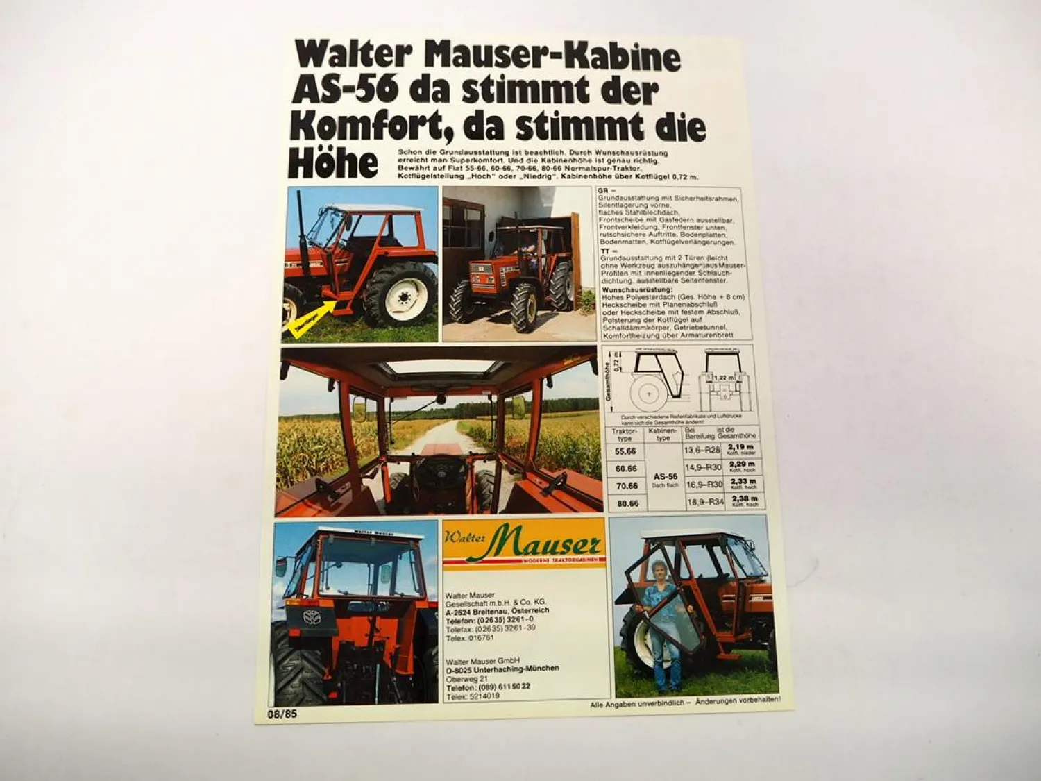 Original Prospekt Mauser AS-56 Traktorkabine an Fiat 70-66 Schlepper 1985