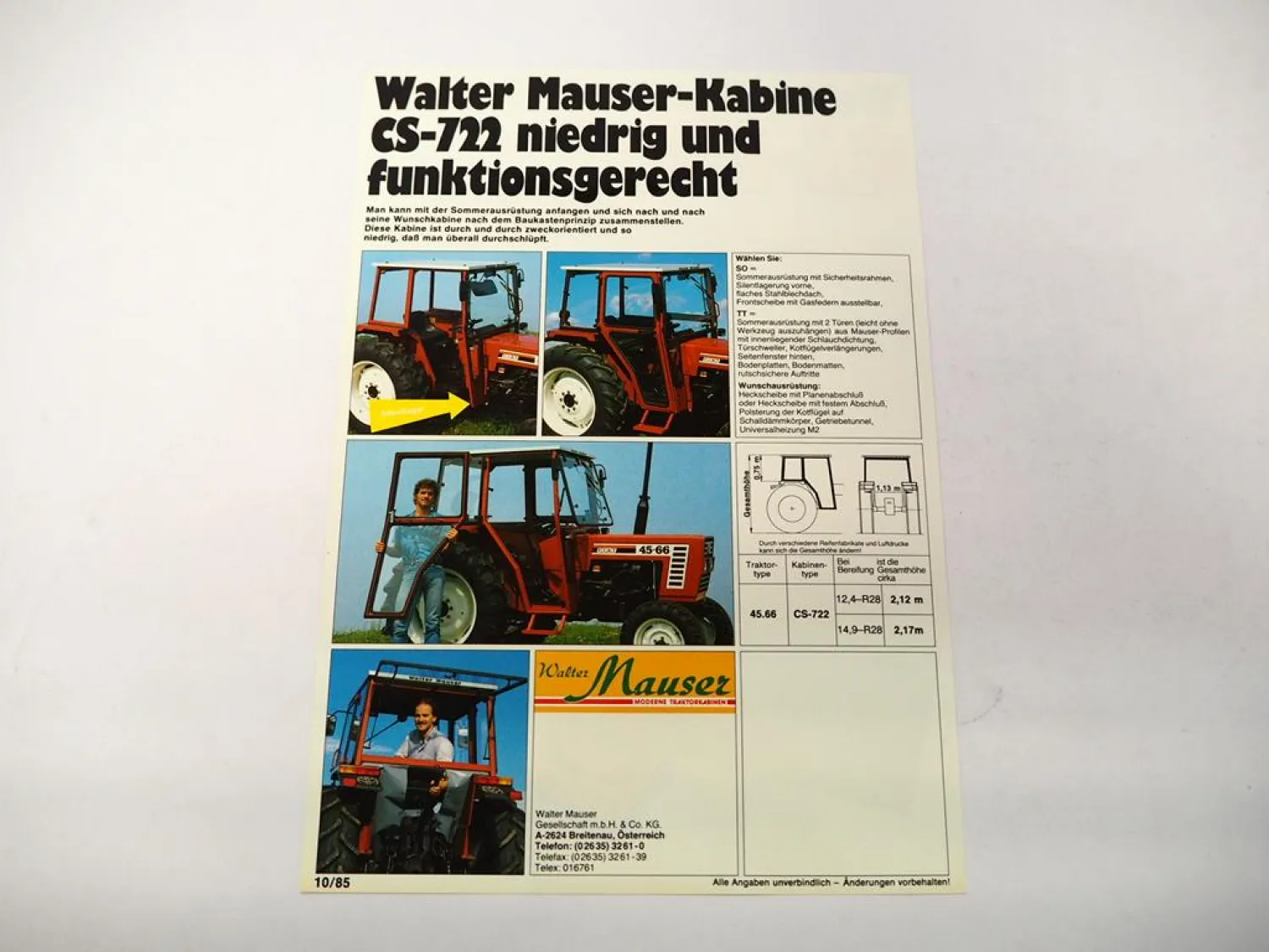 Original Prospekt Mauser CS-722 Traktorkabine an Fiat 45-66 Schlepper 1985