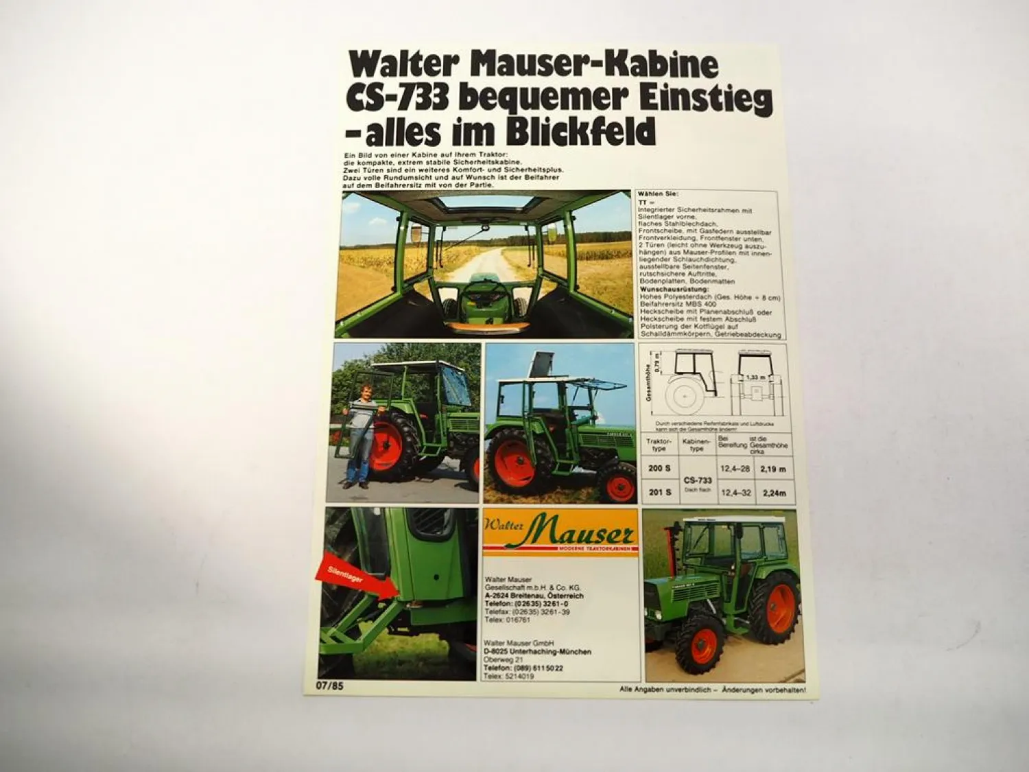 Original Prospekt Mauser CS-733 Traktor Kabine an Fendt Farmer 201S 1985