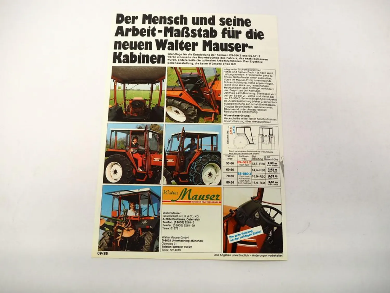 Original Prospekt Mauser ES 560 561 Z Traktorkabine an Fiat 70-66 Schlepper 1985