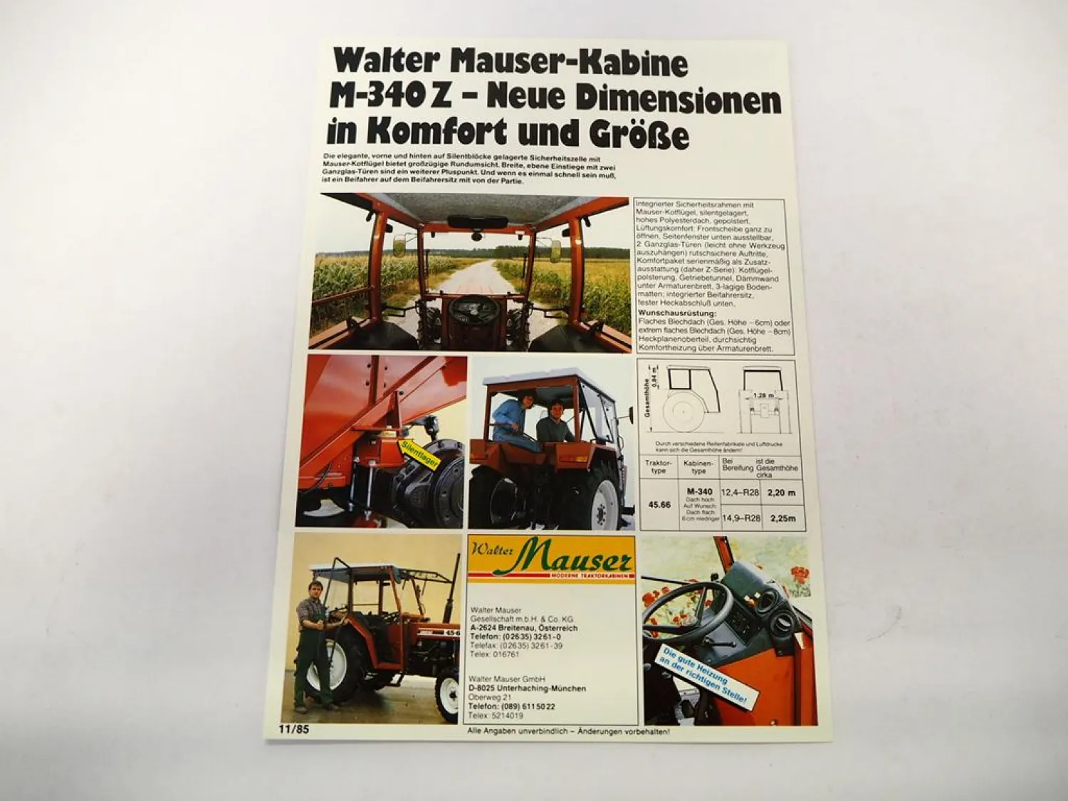 Original Prospekt Mauser M-340Z Traktorkabine an Fiat 45-66 Schlepper 1985