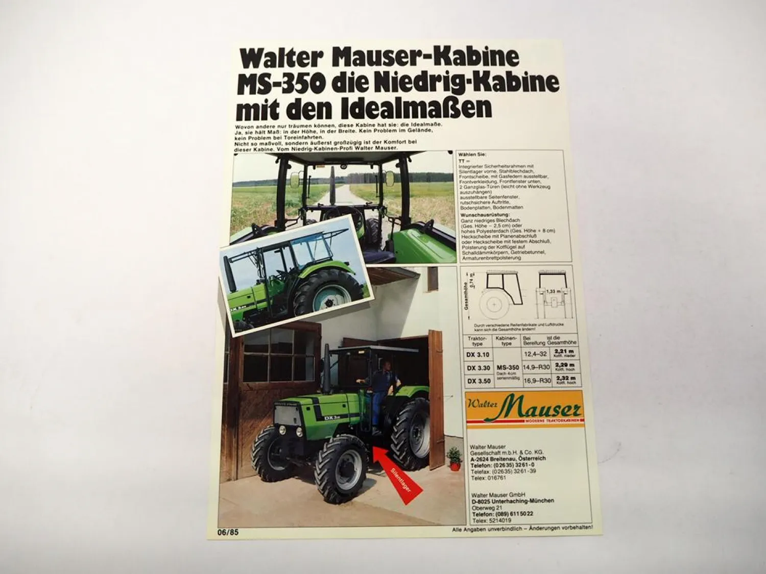 Original Prospekt Mauser MS-350 Traktorkabine an Deutz DX 3.30 1985