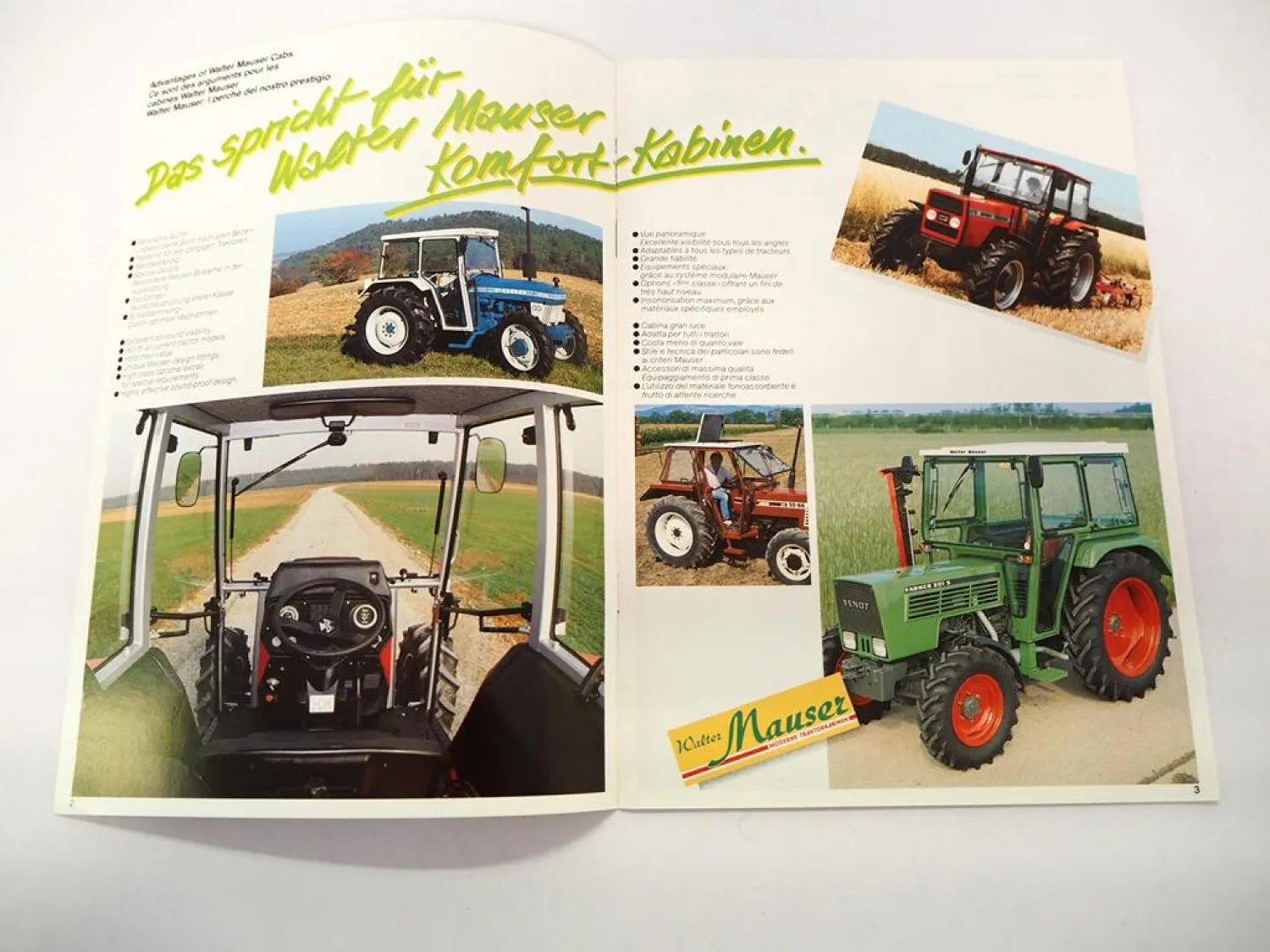 Original Prospekt Mauser Traktorkabine für Fendt Deutz IHC MF Ford Fiat 1986