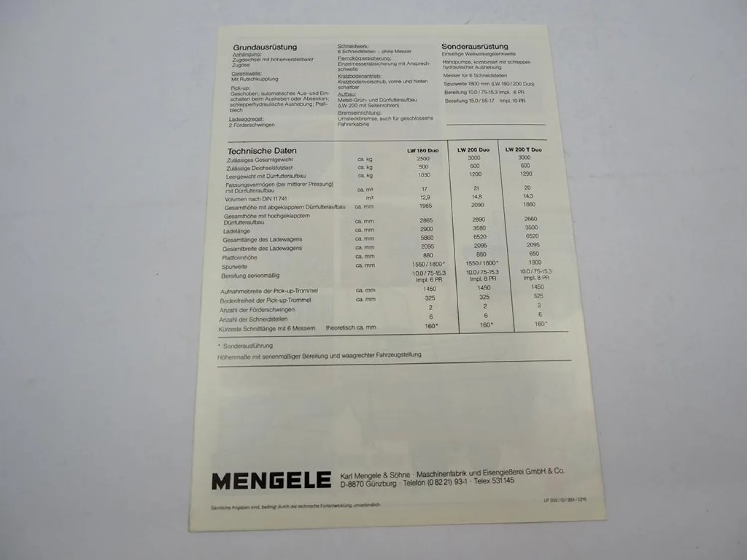 Original Prospekt Mengele LW 180 200 Duo Ladewagen 1980er Jahre