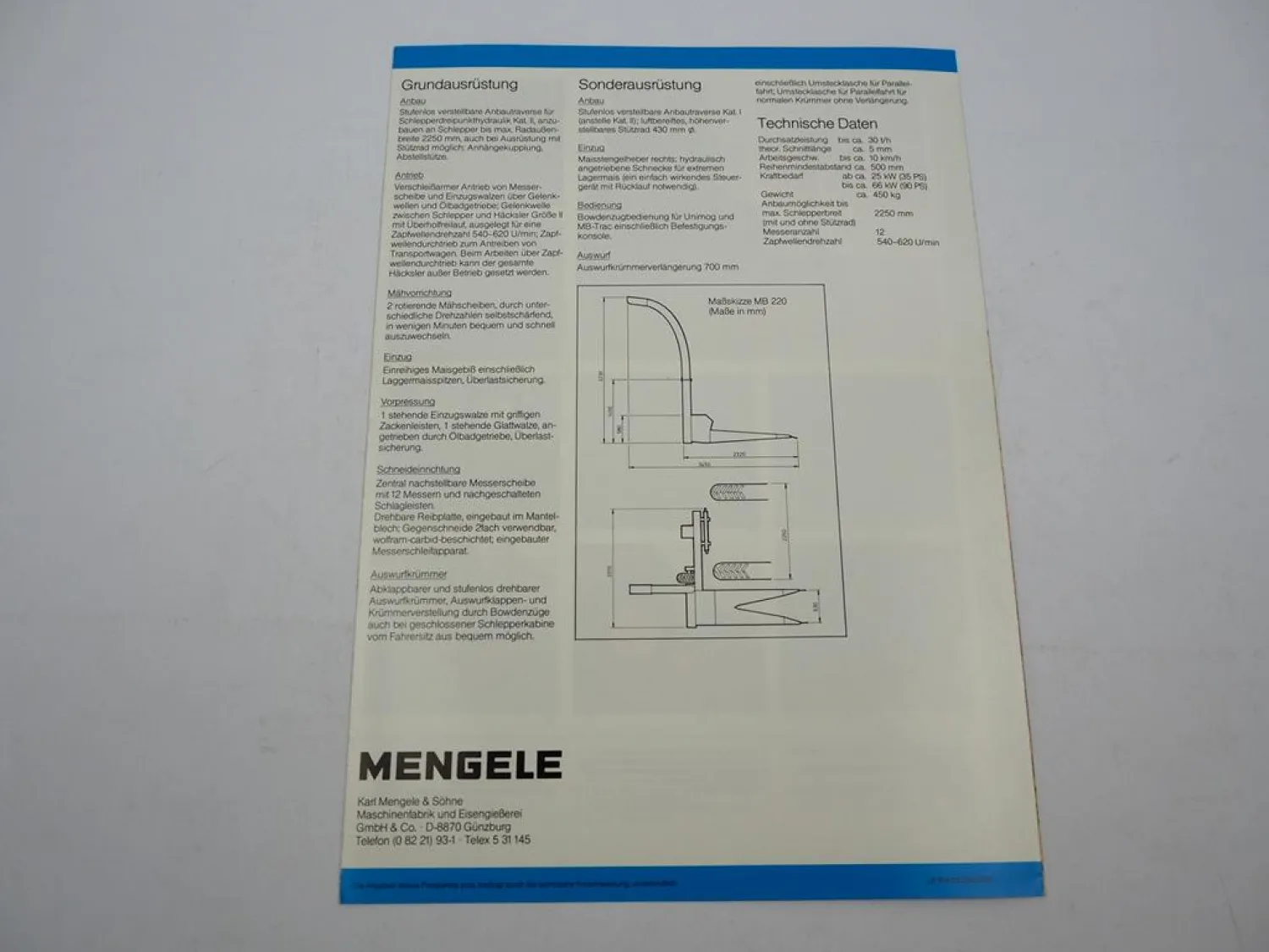 Original Prospekt Mengele MB 220 Mais Blitz Häcksler für Schlepper 1980er Jahre