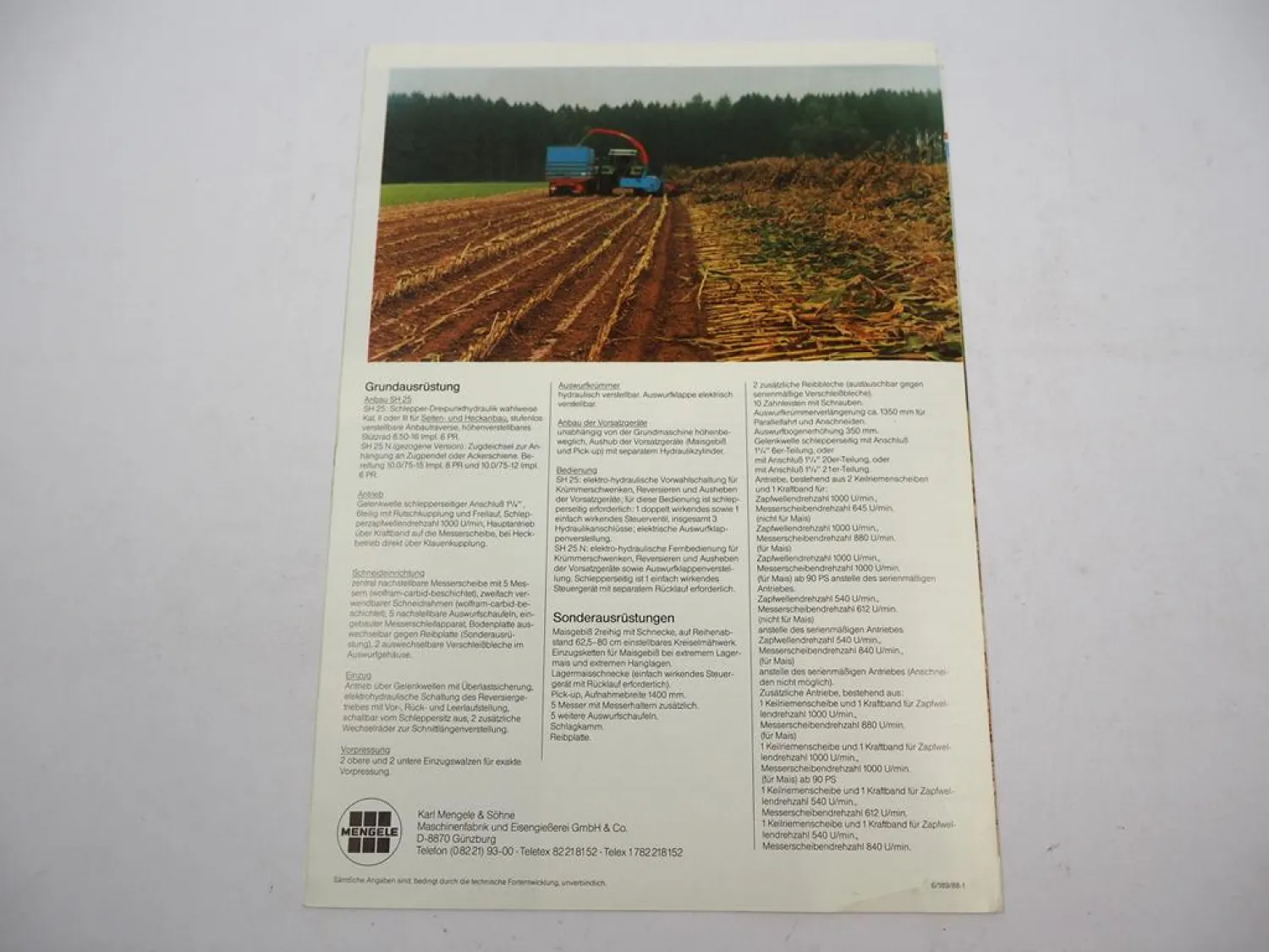 Original Prospekt Mengele SH25 Anbau Feldhäcksler für Schlepper 1980er Jahre