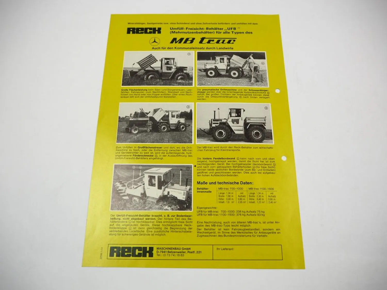 Original Prospekt Mercedes Benz MB trac 700 bis 1500 Anbaugerät 1970er Jahre