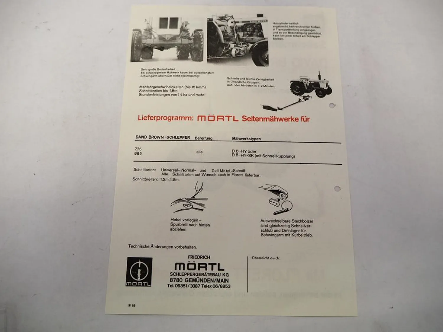 Original Prospekt Mörtl Mähwerk Florett an David Brown 885 Schlepper