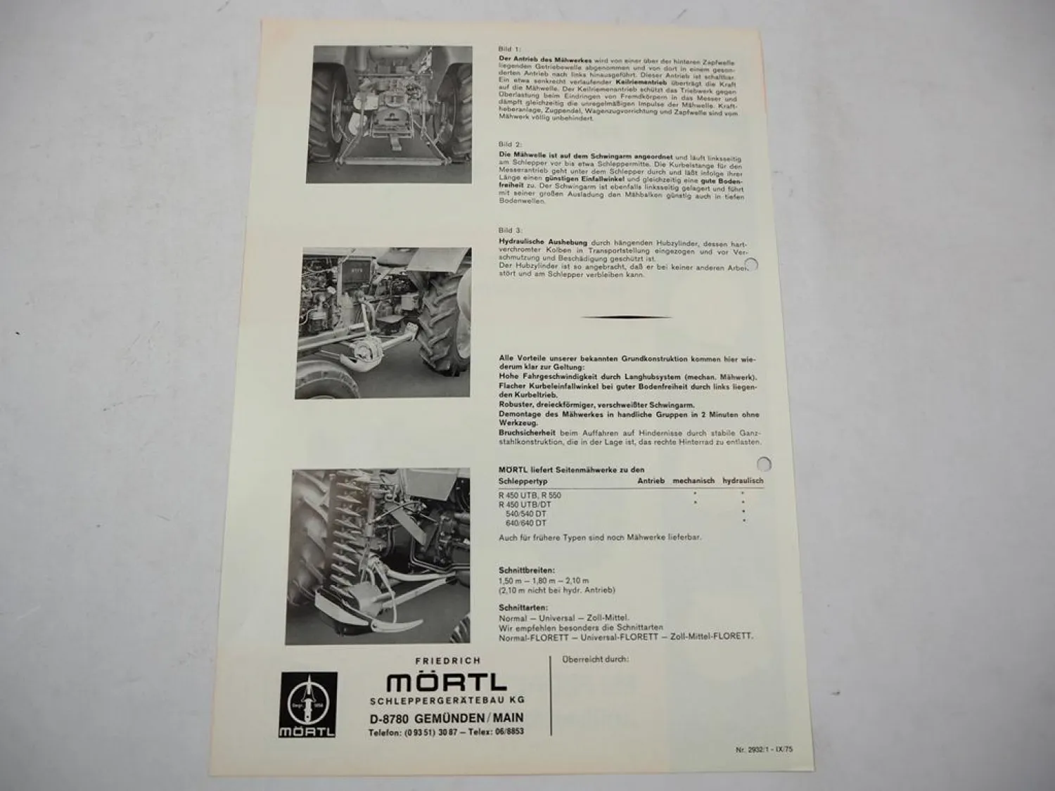 Original Prospekt Mörtl Mähwerk Florett an Fiat 415 Schlepper 1975