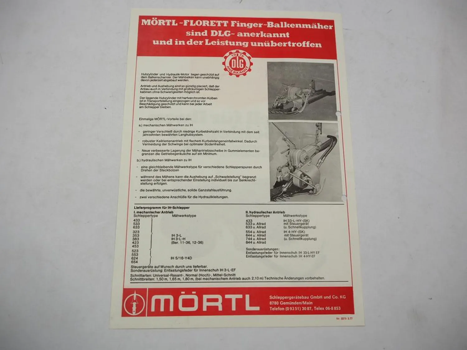 Original Prospekt Mörtl Mähwerk Florett an IHC Schlepper 1977