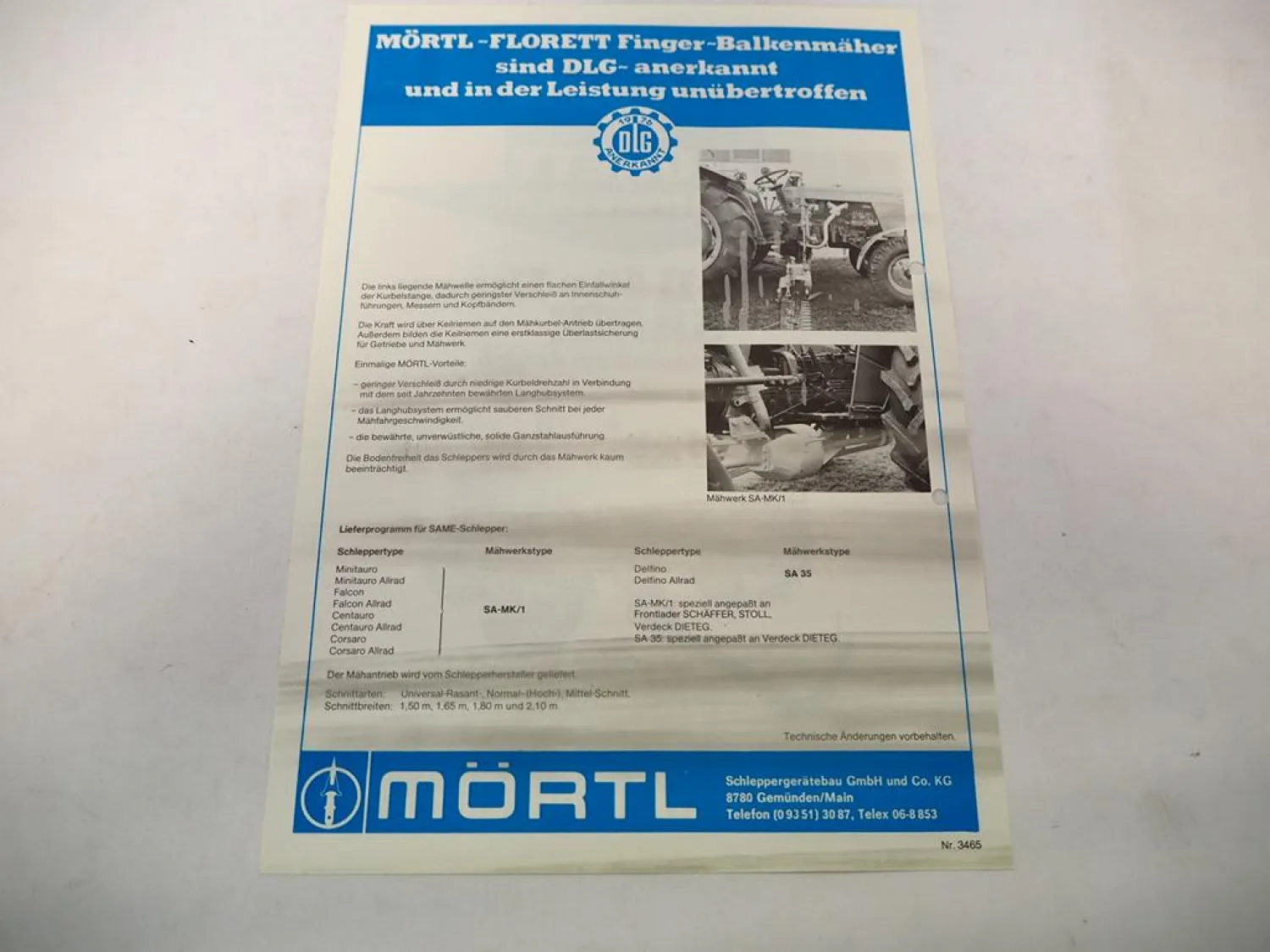 Original Prospekt Mörtl Mähwerk Florett an Same Centauro 65