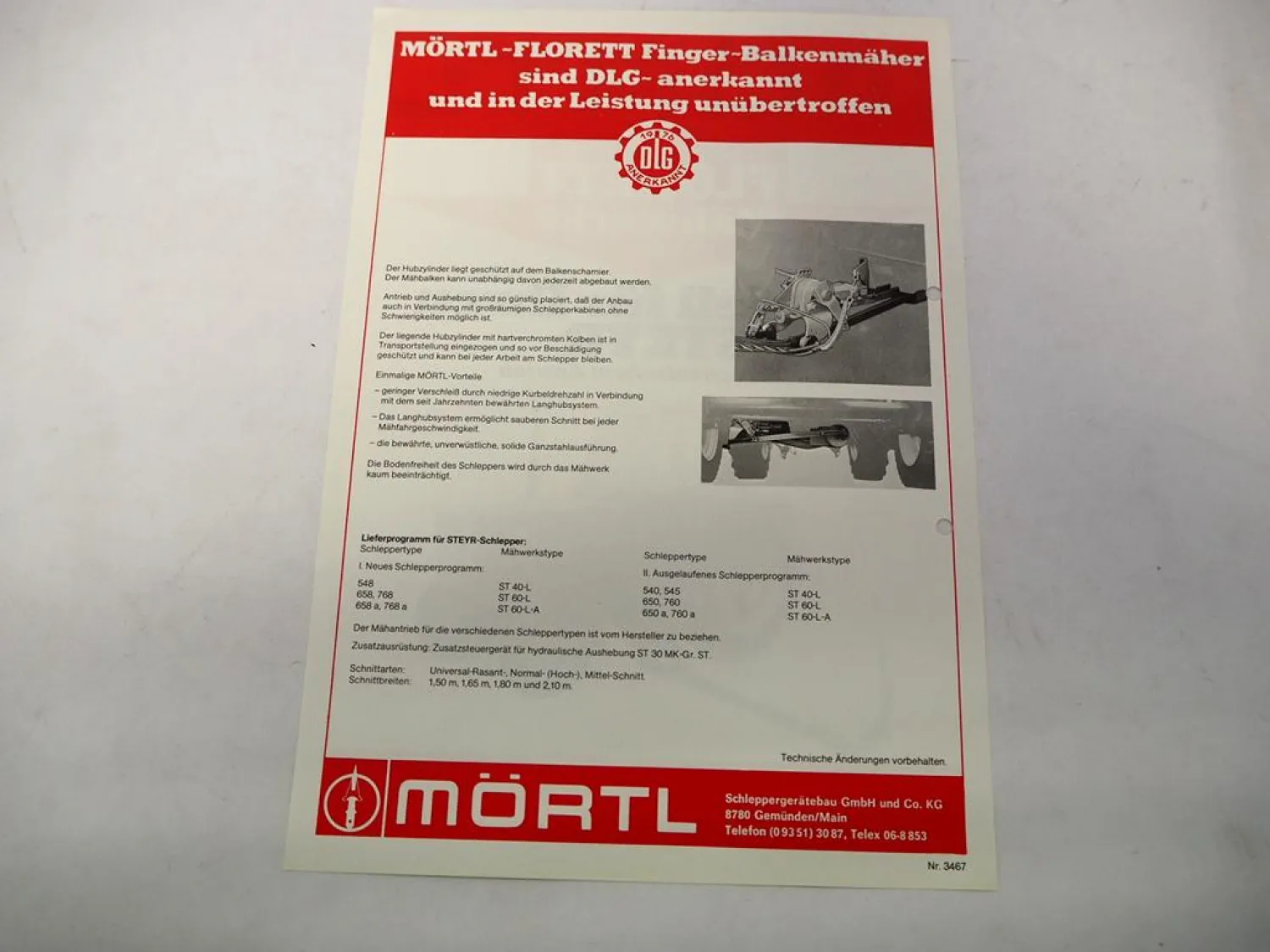 Original Prospekt Mörtl Mähwerk Florett an Steyr 545 Schlepper 1970er Jahre
