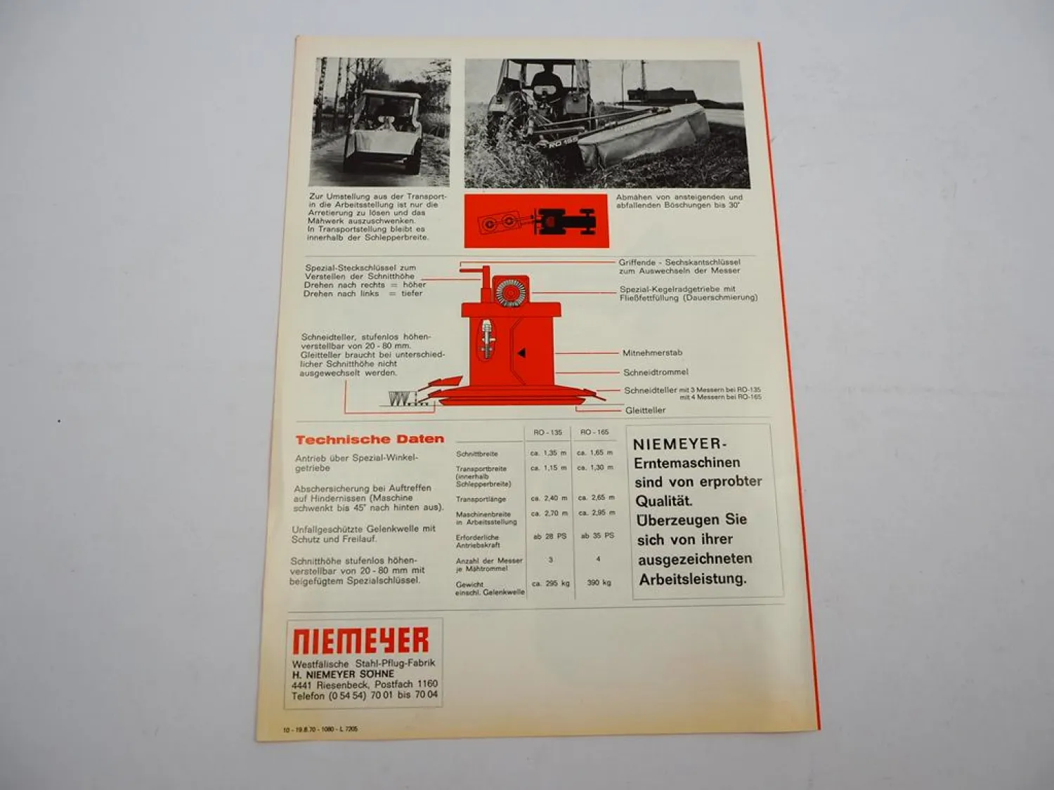 Original Prospekt Niemeyer RO 135 165 Kreisel Mähwerk 1970 mit technischen Daten