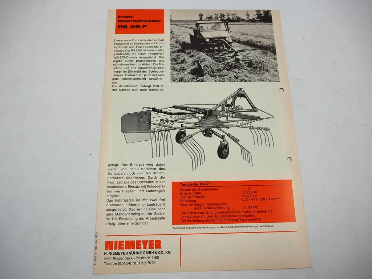 Original Prospekt Niemeyer RS28-F Schwader für MB-trac Unimog Intrak 1976