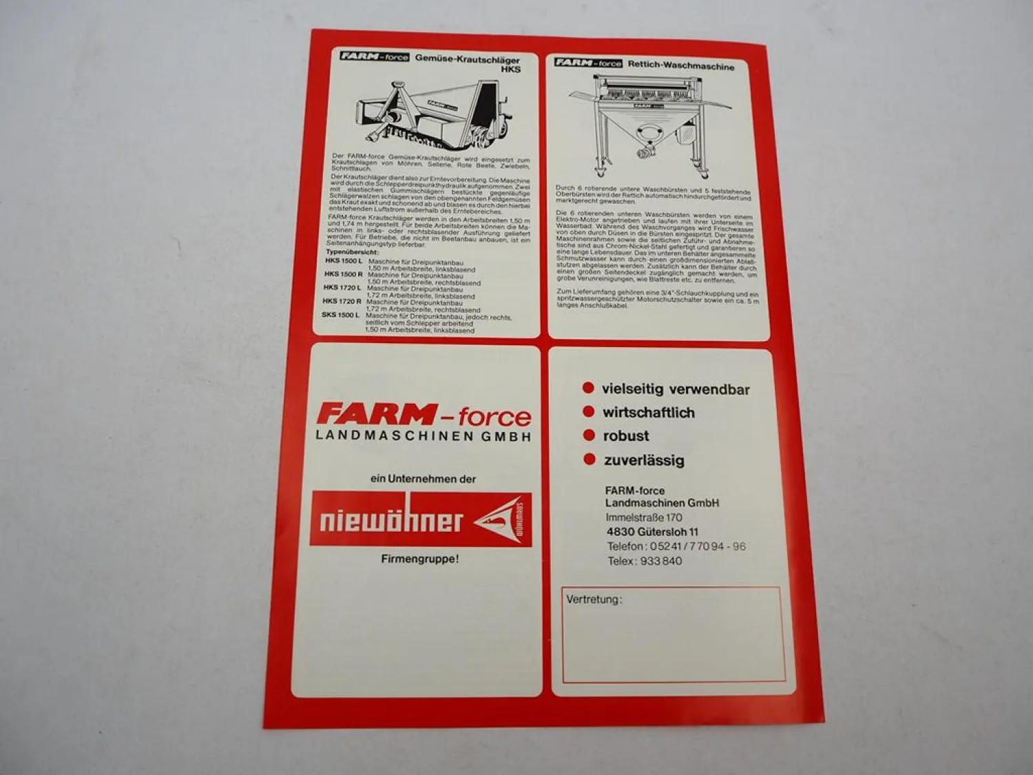 Original Prospekt Niewöhner Farm force Erntemaschine Feldgemüse 1980/90er Jahre