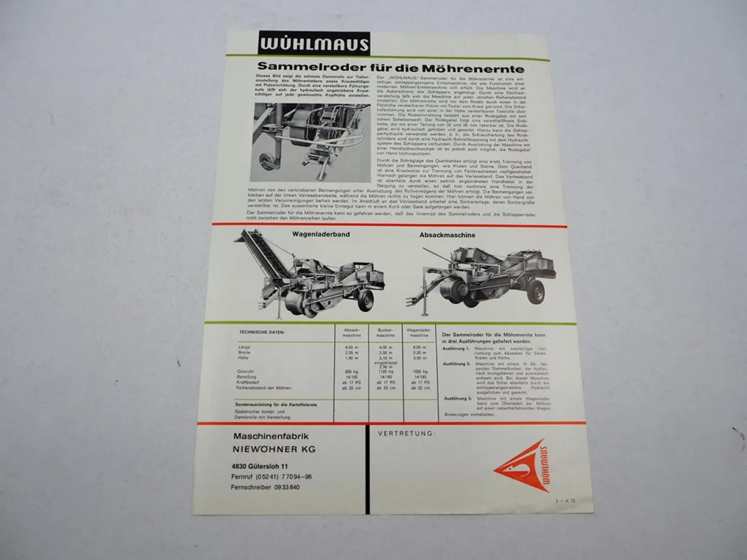 Original Prospekt Niewöhner Wühlmaus Sammelroder Möhrenernte 1975
