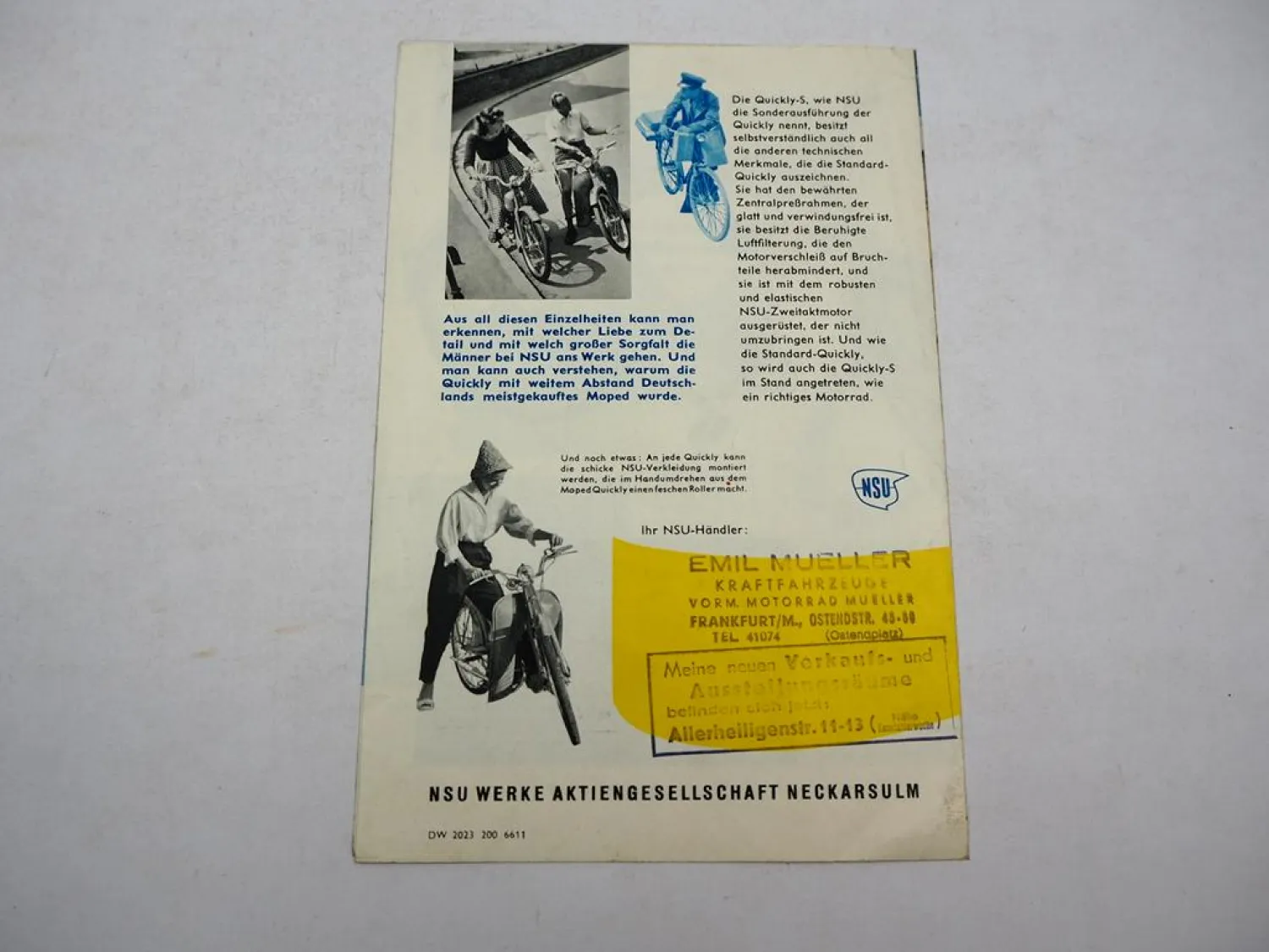 Original Prospekt NSU Quickly S Spezial Moped Mofa 1950/60er Jahre
