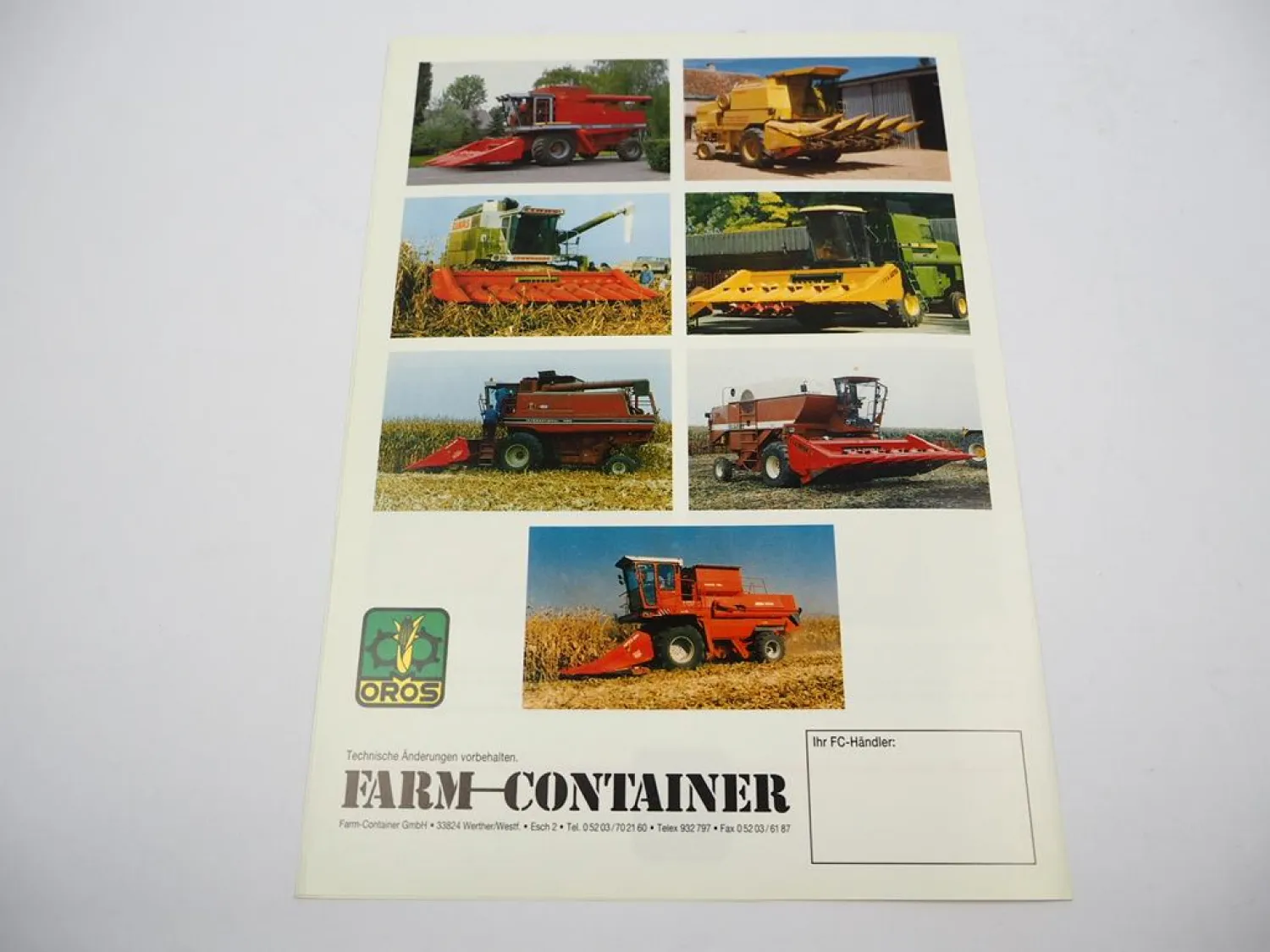 Original Prospekt Oros Maispflücker 4000 an Claas Dominator Mähdrescher 1980/90er