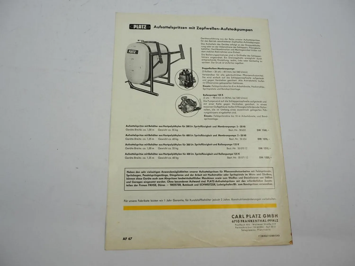 Original Prospekt Platz Pflanzenschutz Aufsattel Spritzen an Schlepper 1960er J.