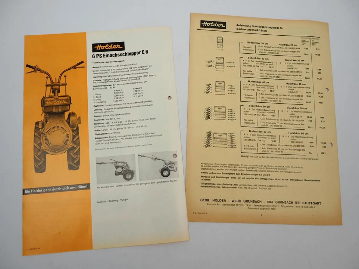 Original Prospekt Preisliste Holder E6 Einachs Schlepper mit 6 PS 1970