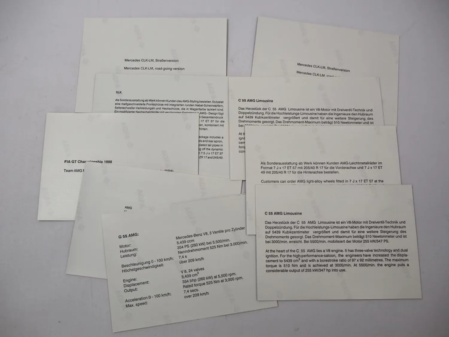 Original Prospekt Pressemappe Mercedes Benz AMG Modelle mit 9 Fotos ca. 1997
