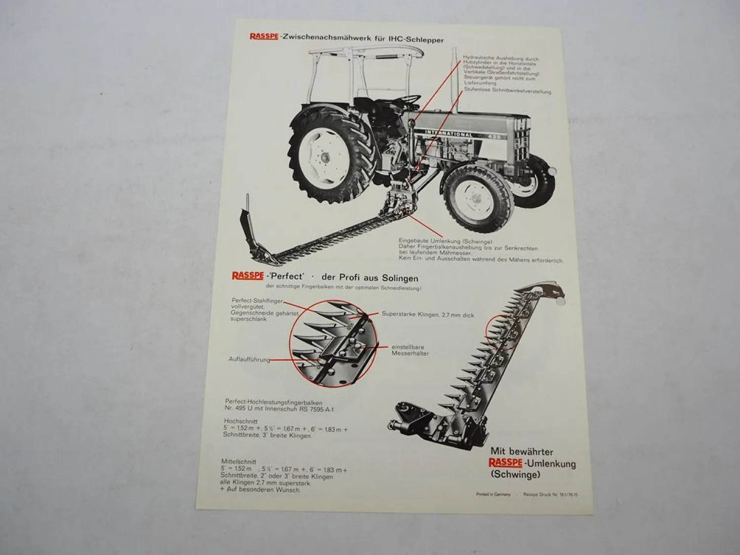 Original Prospekt Rasspe Zwischenachs Mähwerk für 433 533 633 IHC Traktoren 1976
