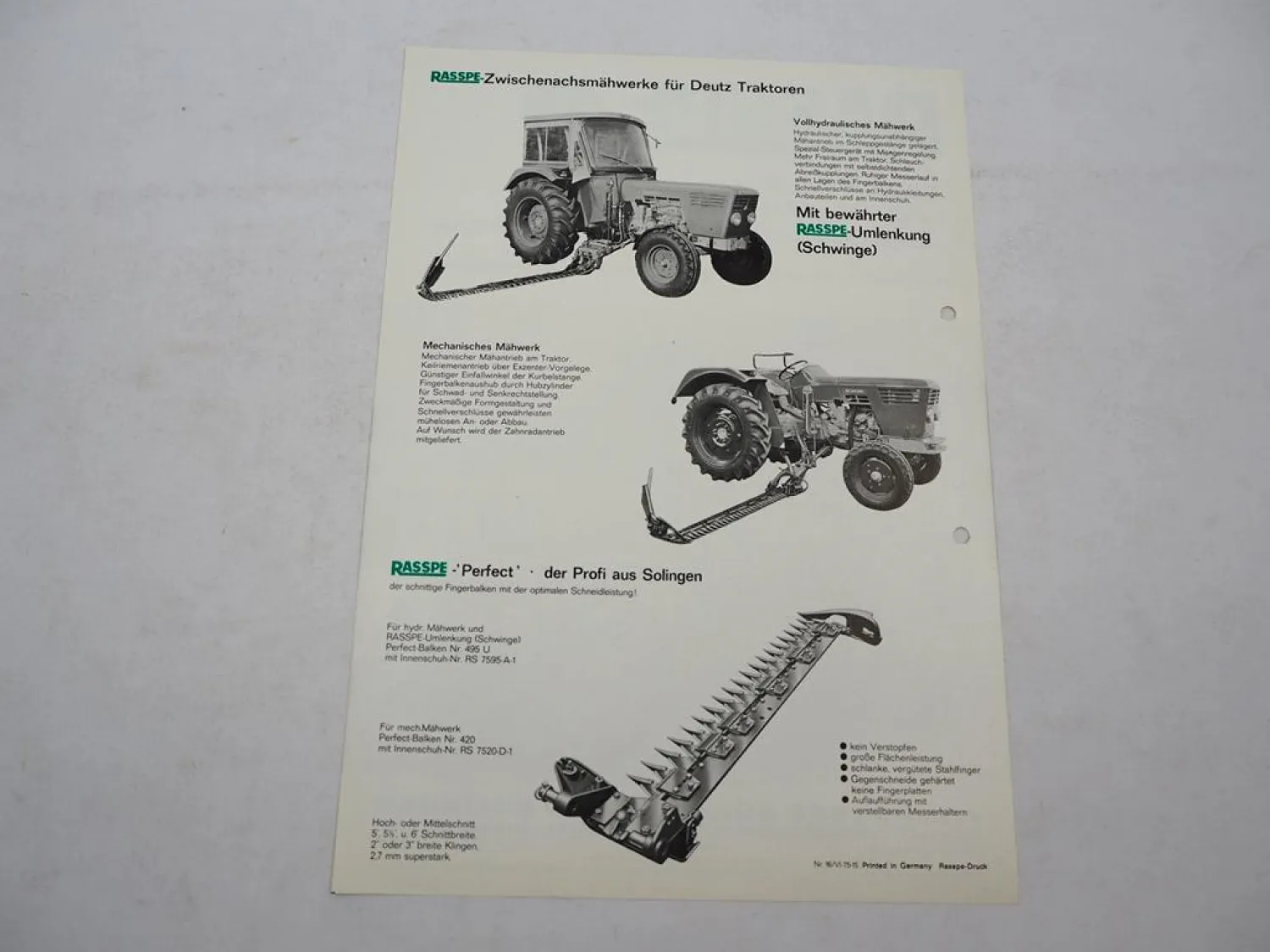 Original Prospekt Rasspe Zwischenachs Mähwerk für Deutz Traktoren 1975