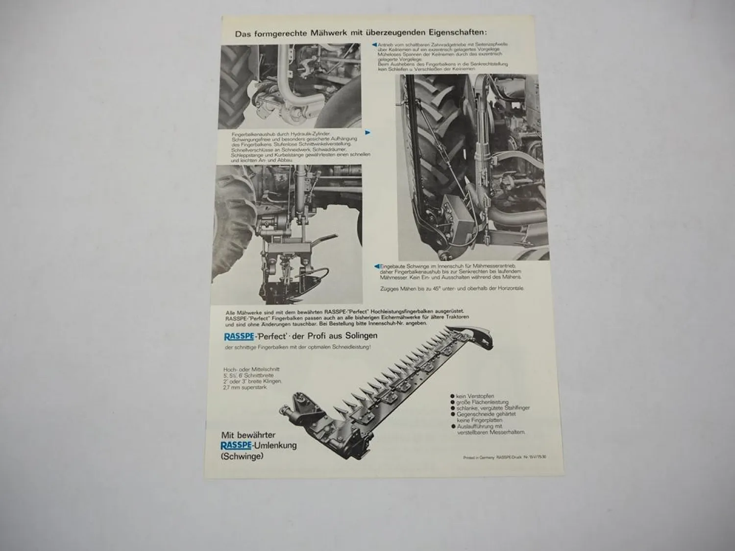 Original Prospekt Rasspe Zwischenachs Mähwerk für Eicher Traktoren 1975