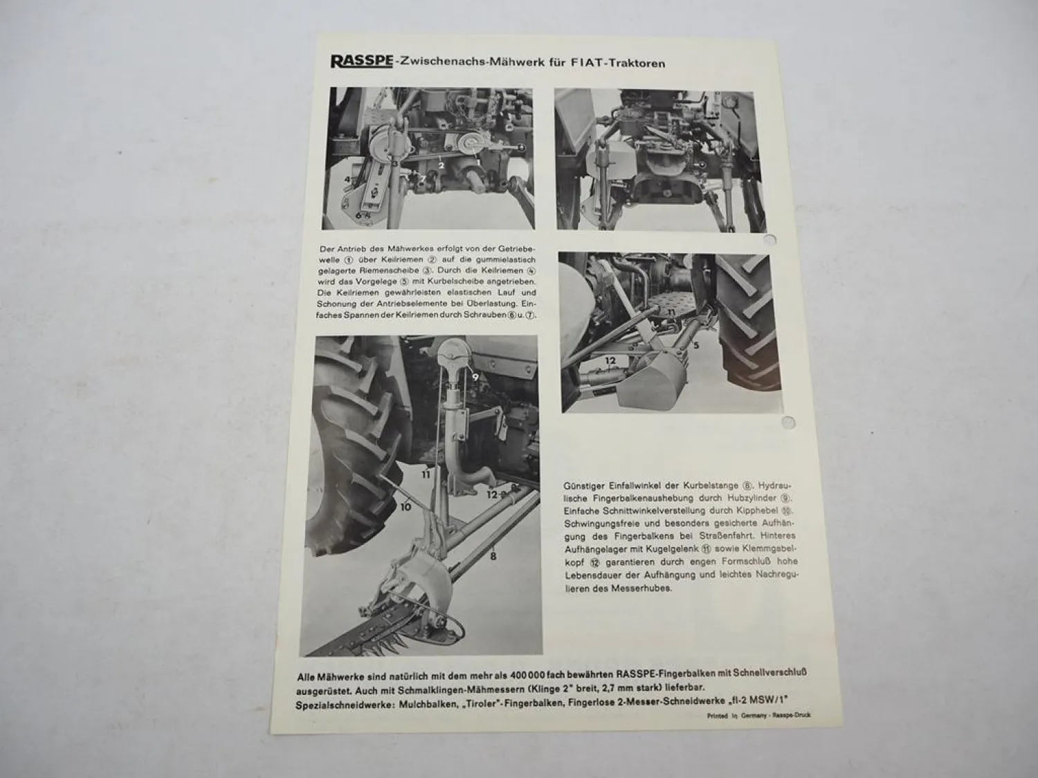 Original Prospekt Rasspe Zwischenachs Mähwerk für Fiat Traktoren 1975