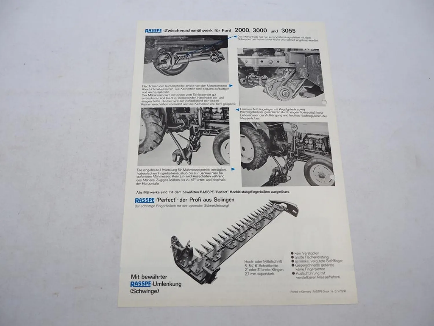 Original Prospekt Rasspe Zwischenachs Mähwerk für Ford Traktoren 1975