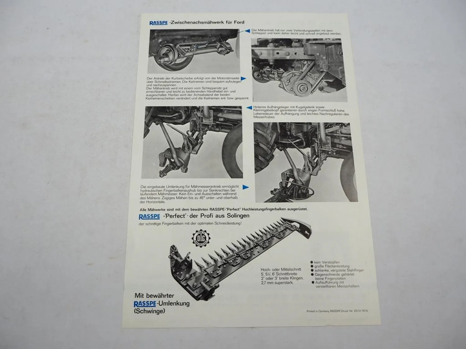 Original Prospekt Rasspe Zwischenachs Mähwerk für Ford Traktoren 1976