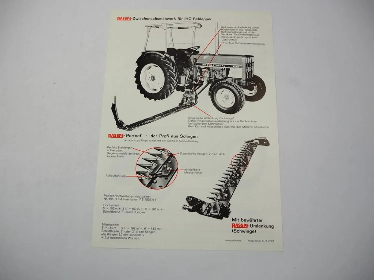 Original Prospekt Rasspe Zwischenachs Mähwerk für IHC Standard Schlepper 1976