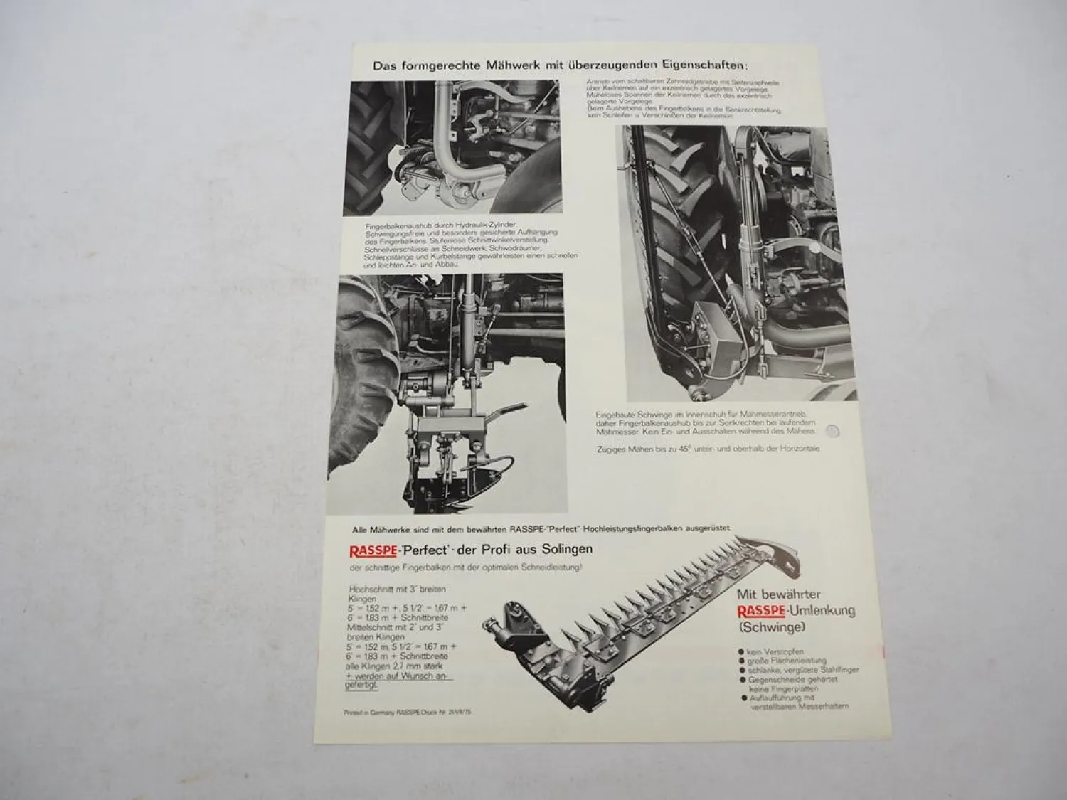 Original Prospekt Rasspe Zwischenachs Mähwerk für Massey Ferguson Traktoren 1975