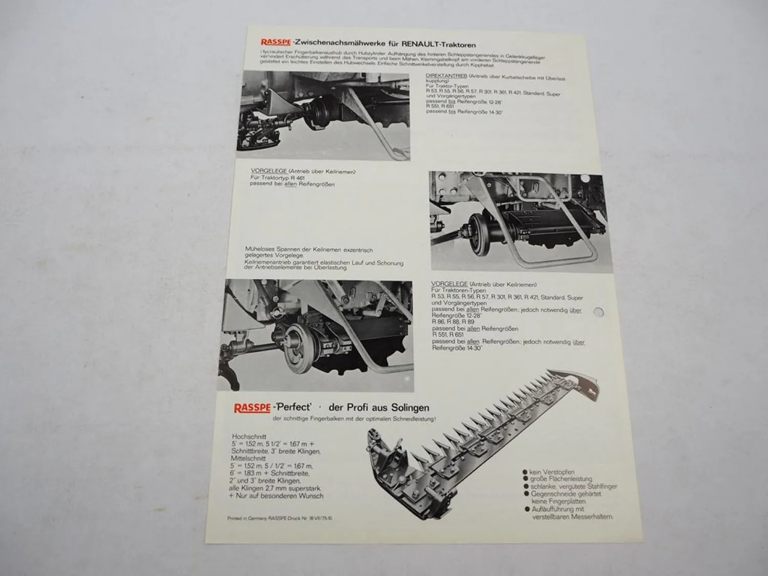 Original Prospekt Rasspe Zwischenachs Mähwerk für Renault Traktoren 1975