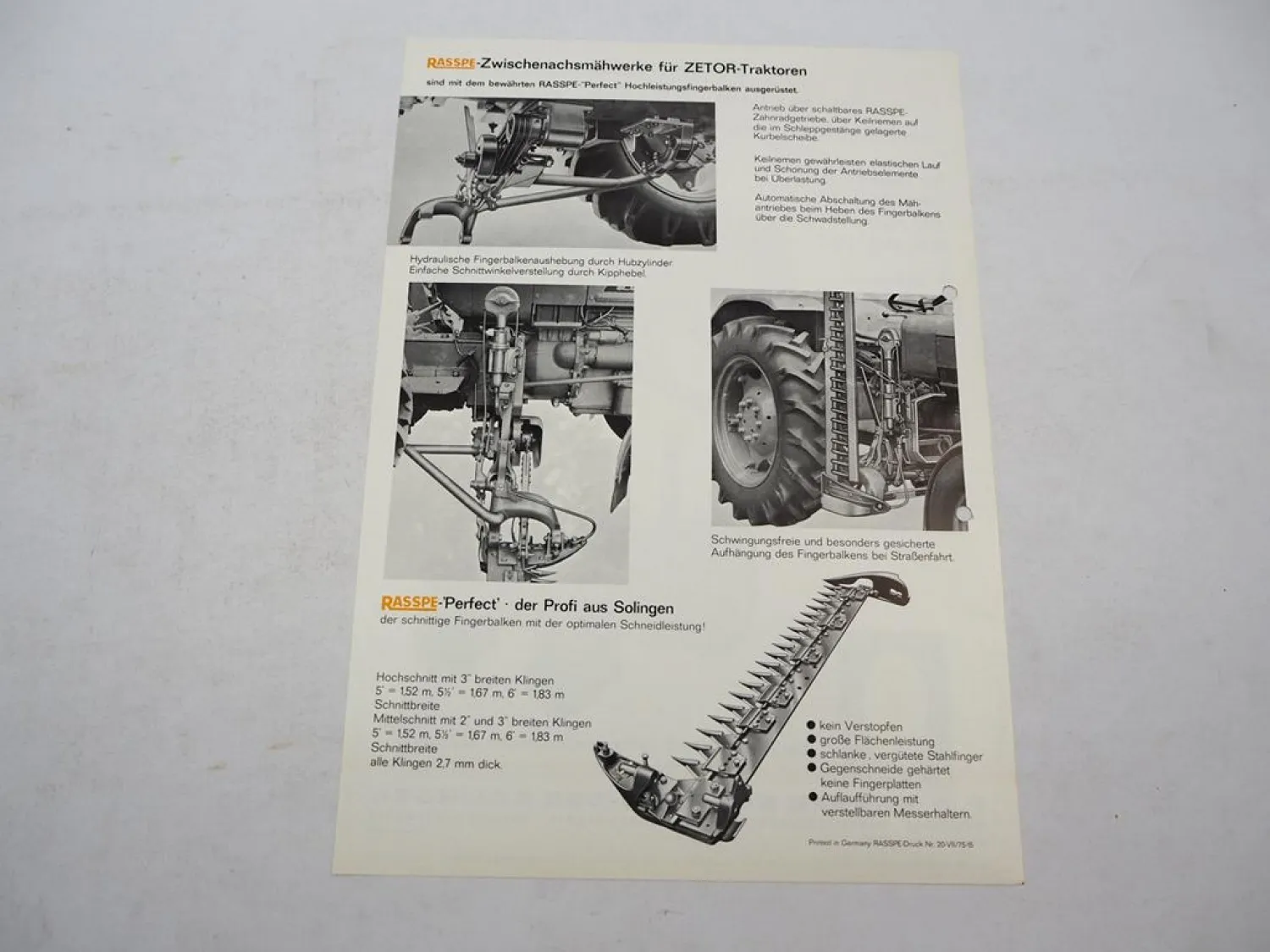 Original Prospekt Rasspe Zwischenachs Mähwerk für Zetor Traktoren 1975