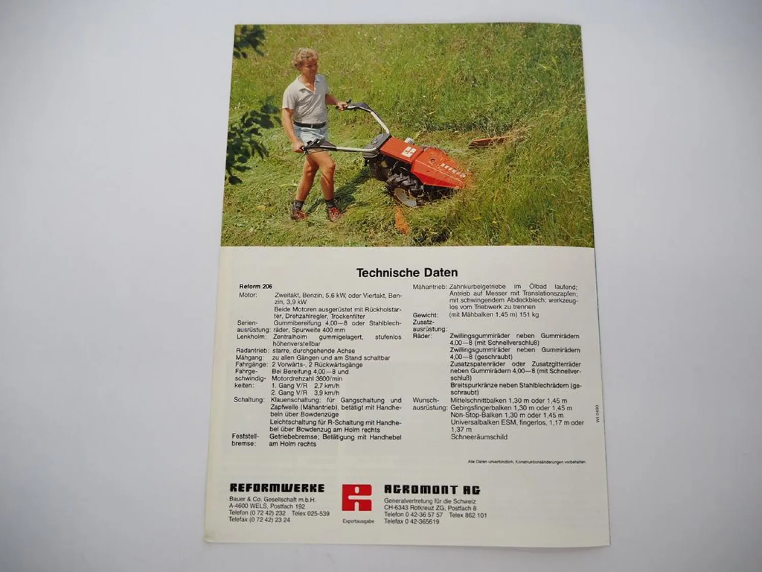 Original Prospekt Reform 206 Motormäher mit technischen Daten 1990er Jahre