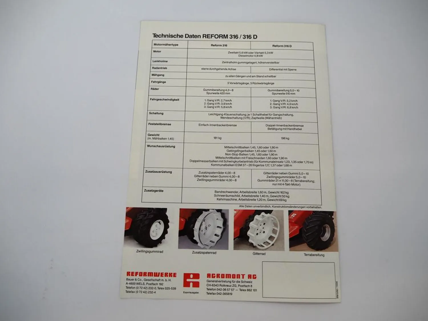 Original Prospekt Reform 316 316D Motormäher mit technischen Daten 1990er Jahre