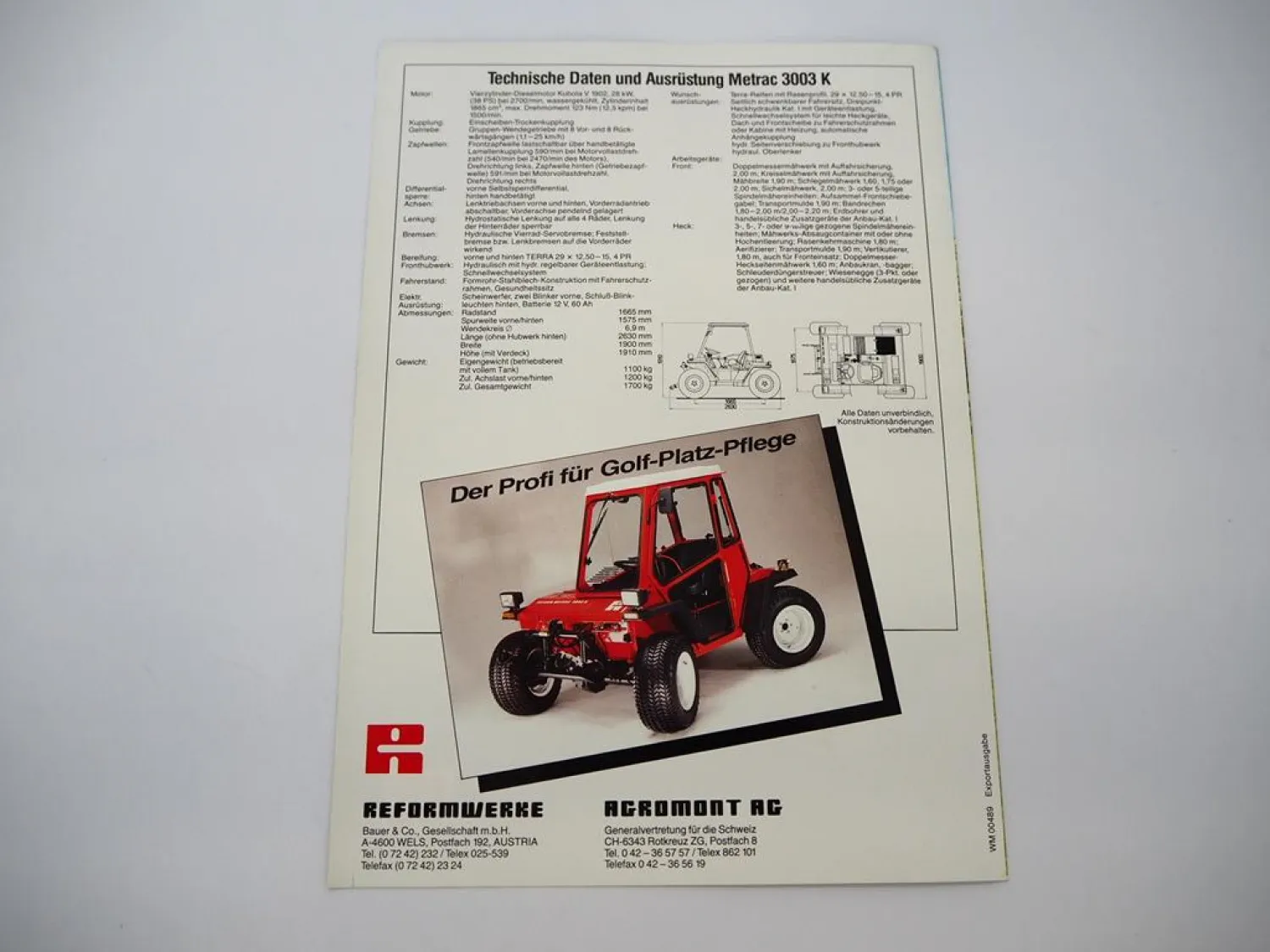 Original Prospekt Reform Metrac 3002K Mäher Golfplatz ca. 1990er Jahre